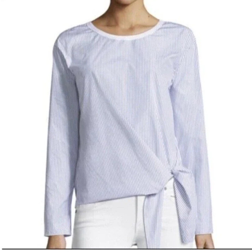 Theory blue and‎ White Striped tie waist poplin Blouse long sleeve round neck